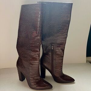 Aldo Ibilia Brown Tall Croc Embossed Dress Boots Sz 8.5 M